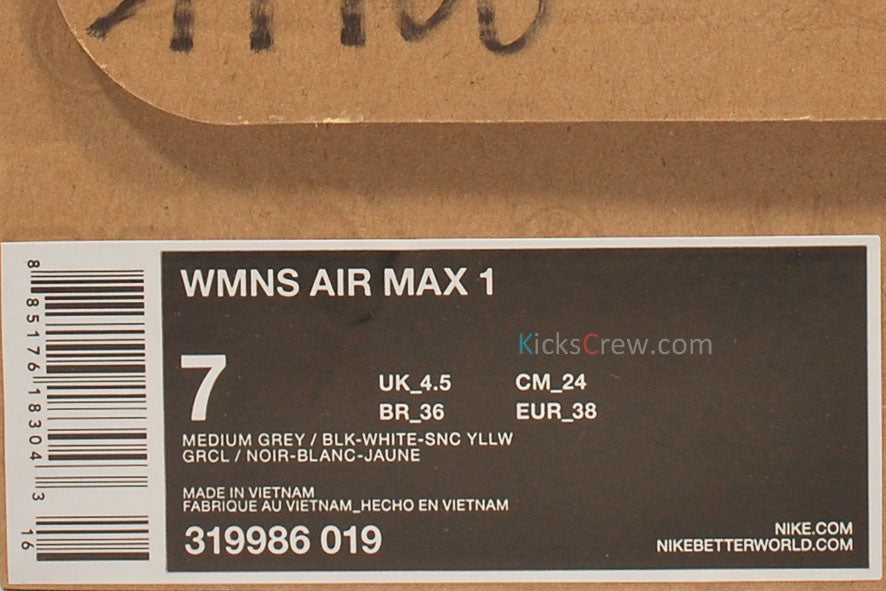 Nike Womens Air Max 1 Medium Grey Sonic Yellow 319986-019