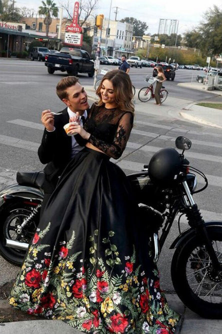 Round Neck Black Floral Lace Long Prom Dresses, Black Lace Floral