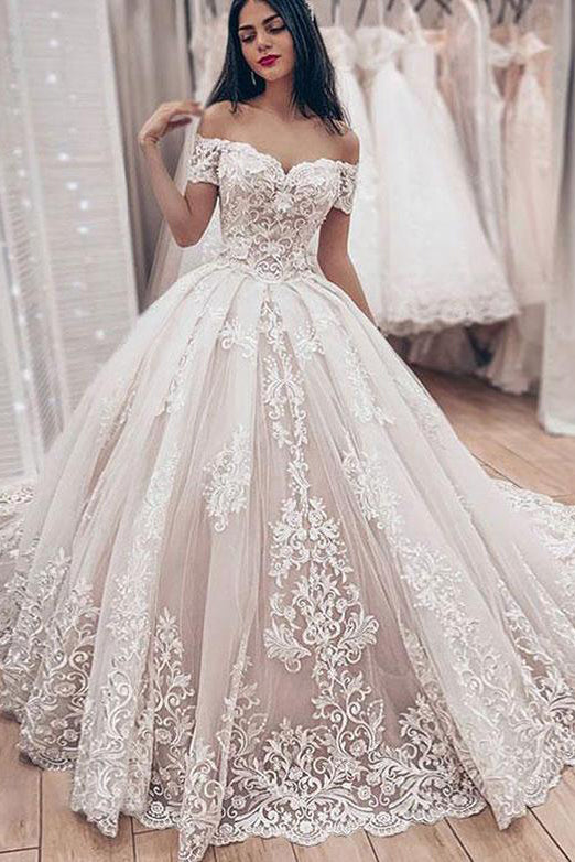 Princess Ball Gown White Wedding Dresses Off the Shoulder with Appliques  PDA038