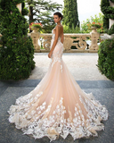 Mermaid Light Pink Lace Appliques Wedding Dresses AS1448