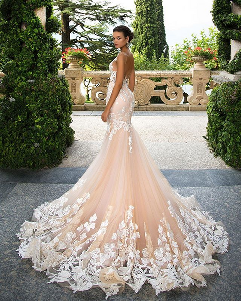 Mermaid Light Pink Lace Appliques Wedding Dresses AS1448