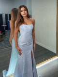 Dazzling Crystal Strapless Neckline Long Prom Dress with Slit