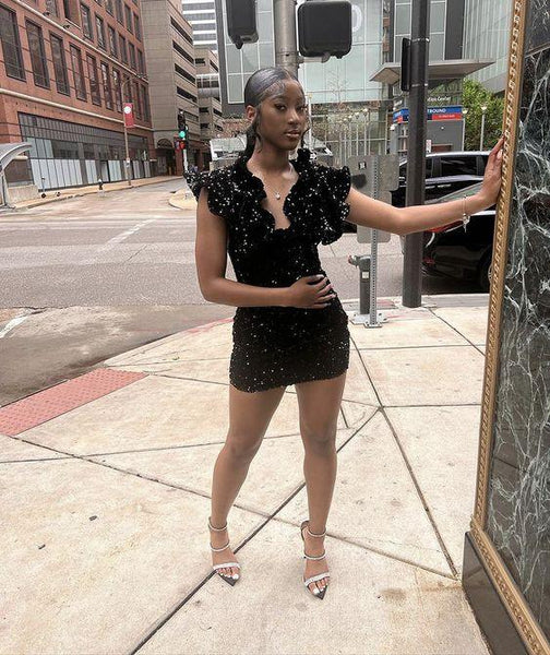 18th Birthday Outfit Dress For Black Girls Black Sequins Short Homecoming Dress Y1383