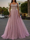 Crystal Pink Floor-Length A-Line Spaghetti Straps Evening Dress TB1021