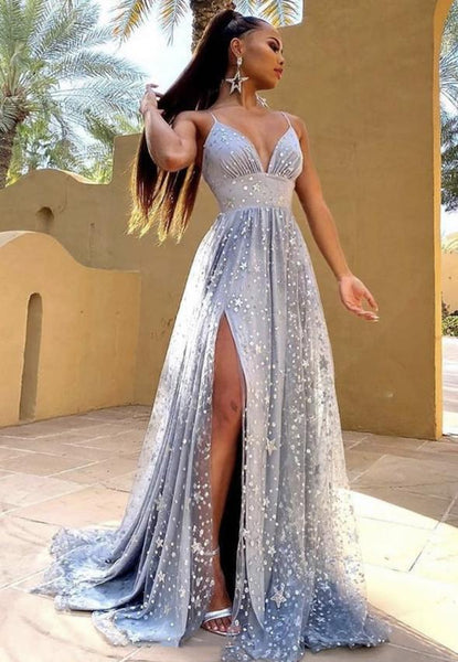 Blue Beading V-neck Pleats Tulle Long Prom Dress WP4290