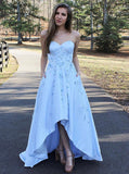 Appliques Sweetheart Light Blue Strapless Satin Prom Dress QP2389