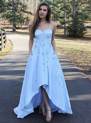 Appliques Sweetheart Light Blue Strapless Satin Prom Dress QP2389