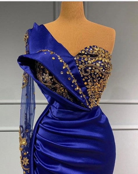 Royal Blue Long One Shoulder Mermaid Prom Dresses with Sleeves DT4859