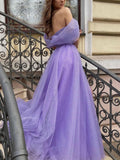 Simple purple off shoulder tulle long prom dress, purple evening dress SHE021