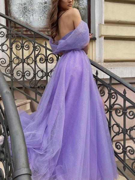 Simple purple off shoulder tulle long prom dress, purple evening dress SHE021