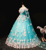 Mint Blue Tulle Embroidery Silk Flowers Quinceanera Dress EX2738