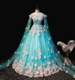 Mint Blue Tulle Embroidery Silk Flowers Quinceanera Dress EX2738