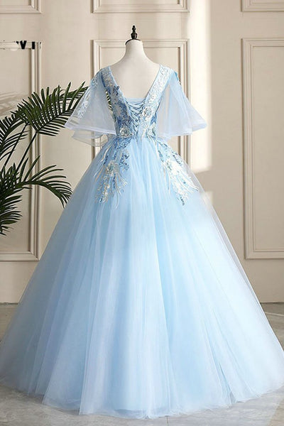 Floor Length Blue V-neck Lace Flowers Long Prom Dress DY3490