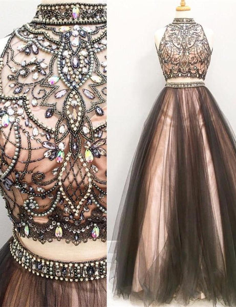 Lovely Two Pieces Colorful Beading A-line Long Handmade Prom Dresses