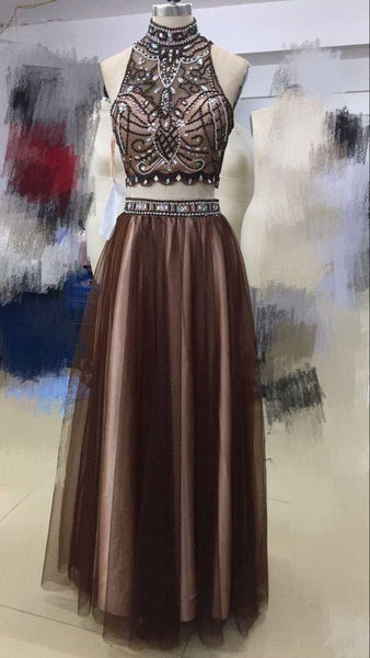 Lovely Two Pieces Colorful Beading A-line Long Handmade Prom Dresses