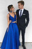 Sexy Royal Blue Two-Piece Long Prom Dress,Simple Satin Blue Formal Evening Dress GY138