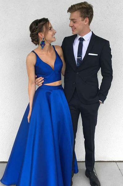 Sexy Royal Blue Two-Piece Long Prom Dress,Simple Satin Blue Formal Evening Dress GY138