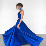 Sexy Royal Blue Two-Piece Long Prom Dress,Simple Satin Blue Formal Evening Dress