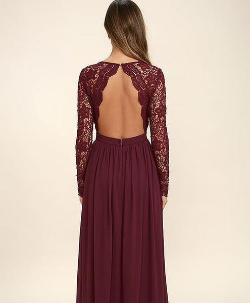 Lace Chiffon Bodice Burgundy Prom Dress,Long Simple Bridesmaid Dress with Long Sleeves