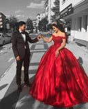 Red Sweetheart Off Shoulder Satin Appliques Ball Gown Prom Dresses BG5487