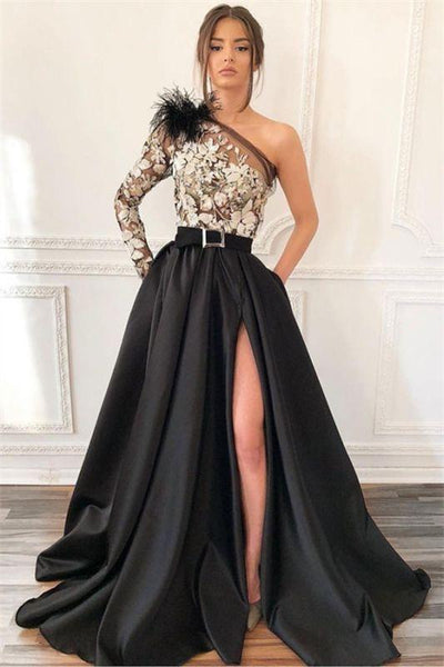 A Line One Shoulder Black Side Slit Satin Floral Long Prom Dress XN7912