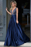 A-Line Deep V-Neck Royal Blue Satin Backless Prom Dress with Beading AHC526