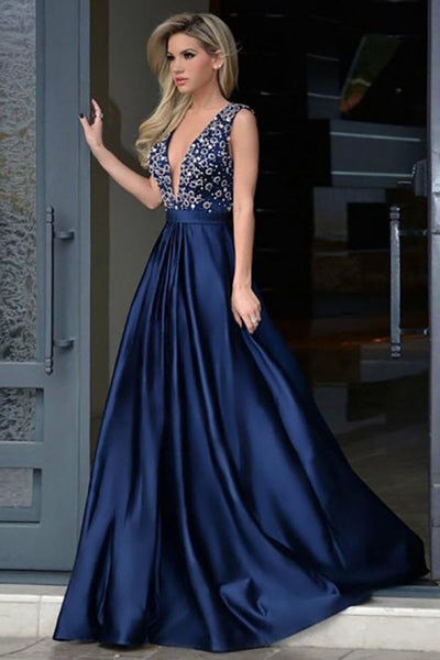A-Line Deep V-Neck Royal Blue Satin Backless Prom Dress with Beading AHC526