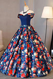 A-Line Off-the-Shoulder Sweep Train Royal Blue Printed Satin Sleeveless Prom Dress LR268