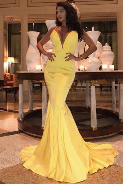 Mermaid Yellow Prom Dresses Deep V Neck Evening Dress Sweep Train PDA199 | ballgownbridal