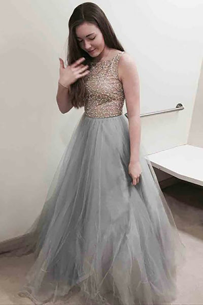 A-Line Bateau Sweep Train Grey Tulle Prom Dress with Appliques Beading LR312