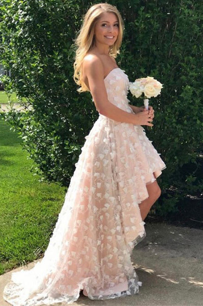 A-Line Strapless Hi-Low Pearl Pink Lace Prom Dress with Flowers PDA326 | ballgownbridal
