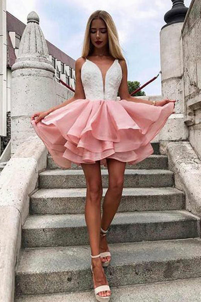 Pink Short Homecoming Dresses Online Deep V Neck Appliques PDA144 | ballgownbridal