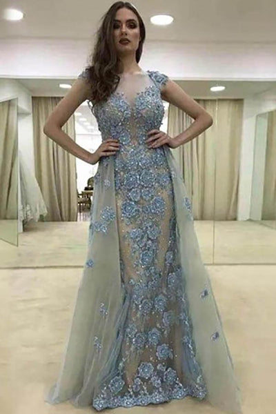 Mermaid Crew Detachable Light Blue Tulle Appliques Prom Dress with Beading AHC520