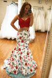 Two Piece Spaghetti Straps Backless Sweep Train White Printed Prom Dress PDA332 | ballgownbridal
