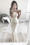 Mermaid Halter Floor-Length Sleeveless Ivory Lace Prom Dress with Sash AHC668 | ballgownbridal
