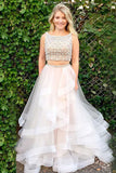 Two Piece Bateau Sweep Train White Tulle Sleeveless Prom Dress with Beading LR167