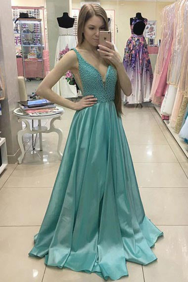 A-Line Deep V-Neck Sweep Train Green Satin Prom Dress with Beading AHC674 | ballgownbridal