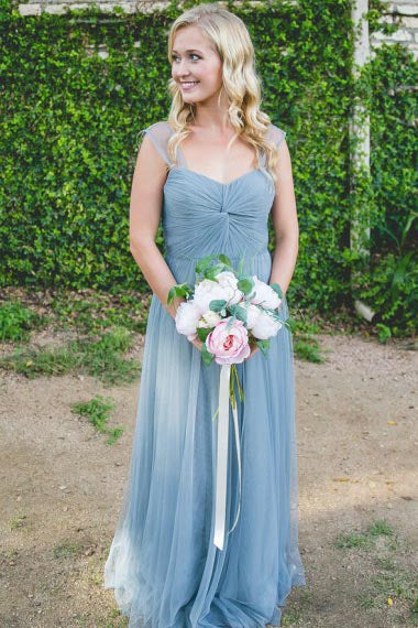A-Line Square Floor-Length Turquoise Sleeveless Tulle Bridesmaid Dress AHC645