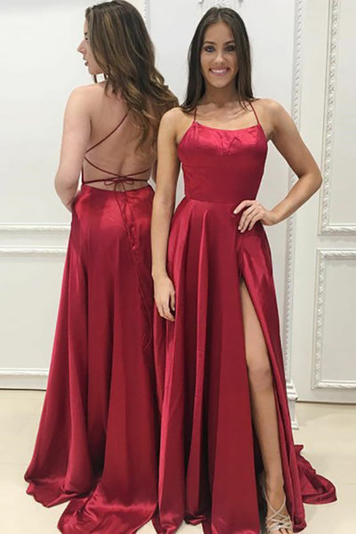 A-Line Halter Sweep Train Split Criss-Cross Straps Red Satin Sleeveless Prom Dress LR333