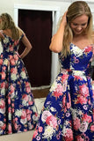 A-Line Off-the-Shoulder Floor-Length Royal Blue Printed Satin Prom Dress with Pockets LR125