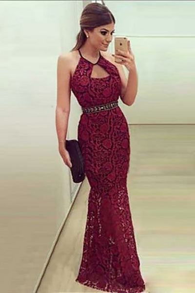 Mermaid Crew Floor-Length Keyhole Burgundy Lace Prom Dress with Beading LR339