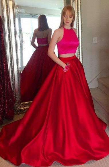 Two Piece Jewel Sweep Train Red Satin Prom Dress with Appliques Pockets LR222
