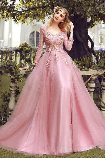 Pink Tulle Long Sleeve V Neck Lace Formal Prom Dress PDA506 | ballgownbridal