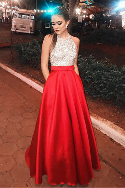 A-Line Jewel Floor-Length Red Satin Sleeveless Prom Dress with Beading Pockets LR230