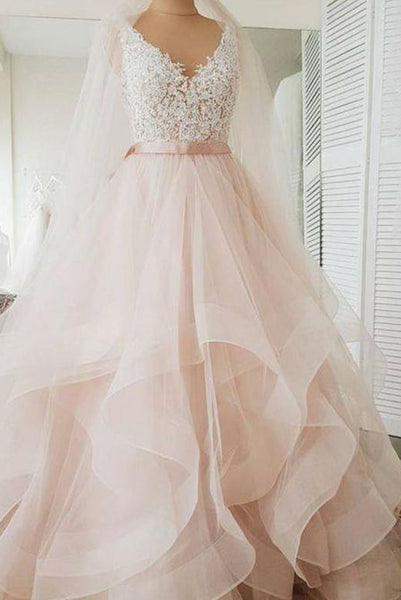Gorgeous Light Champagne Long Wedding Dresses V Neck Appliques PDA156 | ballgownbridal