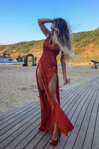 Mermaid Red Long Prom Dresses V Neck Evening Dresses  PDA221