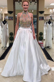 Two Piece High Neck Sweep Train White Satin Appliques Prom Dress with Pockets LR325