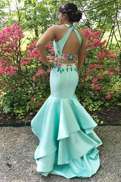 Two Piece Jewel Sweep Train Blue Satin Open Back Prom Dress with Appliques Ruffles LR75