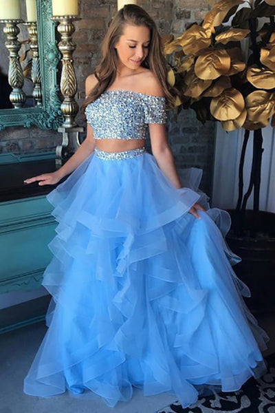 Two Piece Off-the-Shoulder Sweep Train Blue Tulle Prom Dress with Beading Ruffles LR57