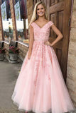 A-Line V-Neck Sweep Train Pink Tulle Prom Dress with Appliques Beading LR398